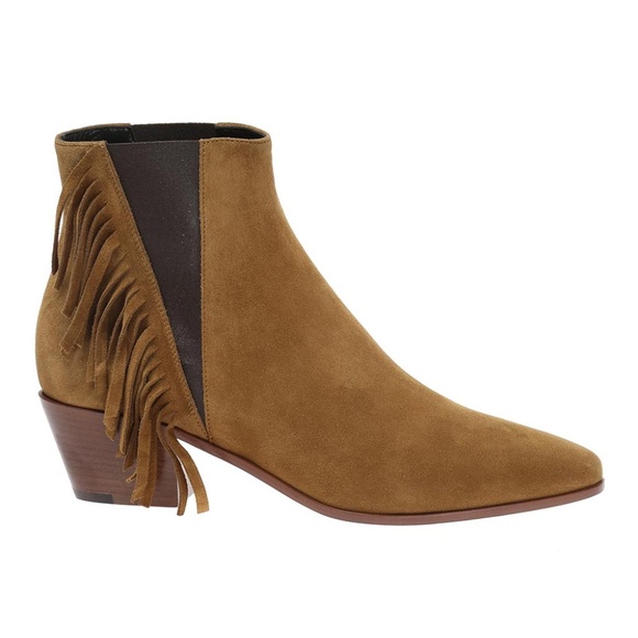 SAINT LAURENT BROWN 'WYATT' FRINGE SUEDE ANKLE BOOTS - Picture 1 of 7